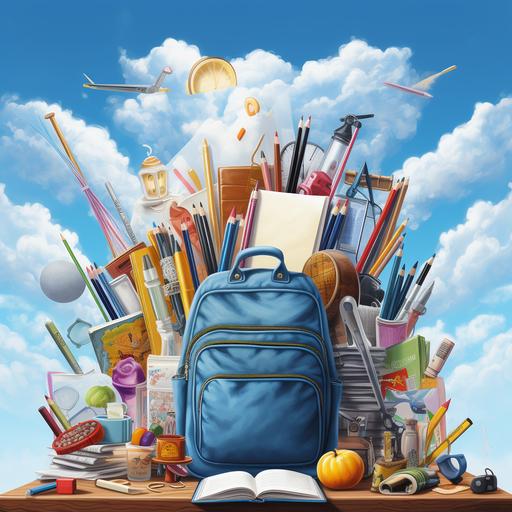 background image for billboard like a sky on a sunny day with school elements such as books, notebooks, colored pencils, writing pencils, brushes, school backpack loose in the air