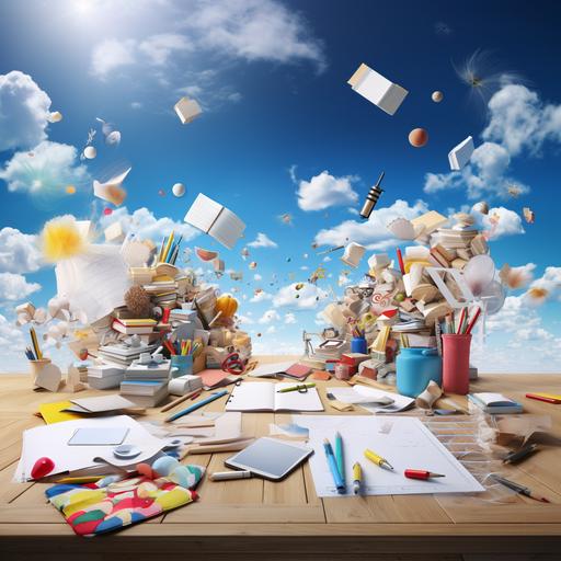 background image for billboard like a sky on a sunny day with school elements such as books, notebooks, colored pencils, writing pencils, brushes, school backpack loose in the air --ar 1:1