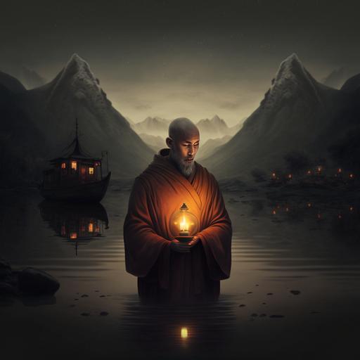 background is a river and mountains budist monk holding candle back lighting