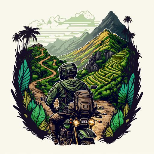 backpacker riding a motorbike in the philippines along the rice terraces. Logo with no text