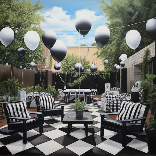 backyard with black and white painted fence , black and white sails, black and white tiles in an entertainment area , people on black and white chairs and black and white balloons everywhere