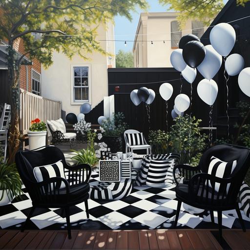backyard with black and white painted fence , black and white sails, black and white tiles in an entertainment area , people on black and white chairs and black and white balloons everywhere