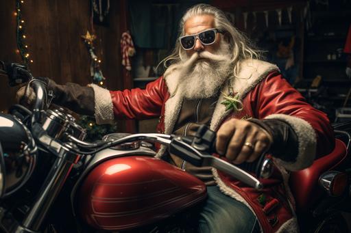 bad Hells Angel as santa claus in bikers christmas home, photo raw, 4k --ar 3:2