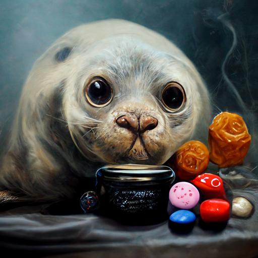 badass seal playing DnD surrounded by candy, discworld, handsome old lady, photographer, poppy flowers, video games, pig, hookah :: ultra realistic, painting, --uplight