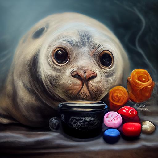 badass seal playing DnD surrounded by candy, discworld, handsome old lady, photographer, poppy flowers, video games, pig, hookah :: ultra realistic, painting, --upbeta
