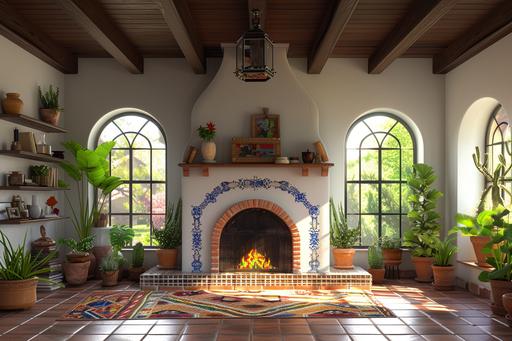 a spanish style living room with tile fireplace front and center, mid day light, no furniture, no table no couch. photorealistic. --v 6.0 --ar 3:2