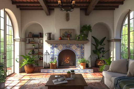 a spanish style living room with tile fireplace front and center, mid day light, no furniture photorealistic. --v 6.0 --aspect 3:2