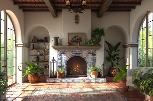 a spanish style living room with tile fireplace front and center, mid day light, no furniture, no table no couch. photorealistic. --v 6.0 --ar 3:2