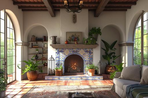 a spanish style living room with tile fireplace front and center, mid day light, no furniture photorealistic. --v 6.0 --ar 3:2