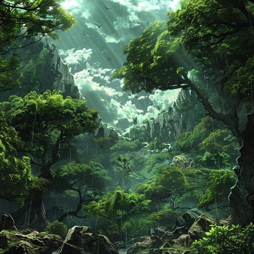 A vast Jurassic ancient forest, manga style. seed 1682571774 ,--ar 16:9