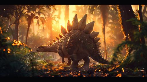 a cute Stegosaurus strolls through the sunset jungle, with trees swaying around it.. seed: 1682571774. --ar 16:9