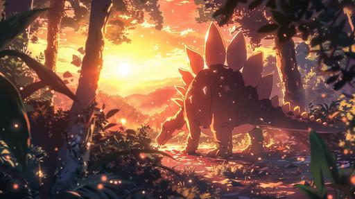 a cute Stegosaurus strolls through the sunset jungle, with trees swaying around it, manga style. seed: 1682571774. --ar 16:9