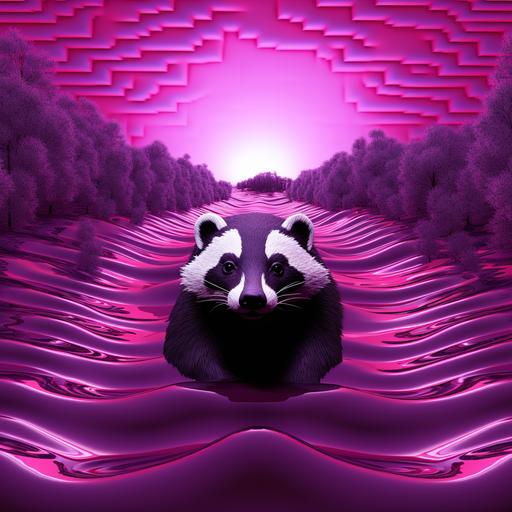 badger cartoon, 3d digital matrix landscape, vapor-wave, purple haze, aesthetic