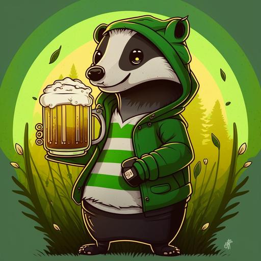 badger wearing a green hoodie holding a beer. Background is a forest. Pot of gold. High quality cartoon