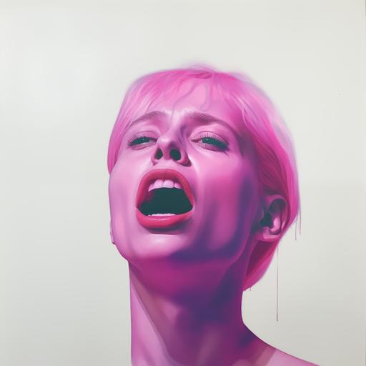 bald, androgynous, screaming side profile painted in duochrome (pine green shadows, bubblegum pink highlights). white background. oil painting on canvas, surrealist in the style of andrew cadima. unfinished.