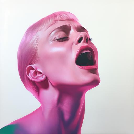 bald, androgynous, screaming side profile painted in duochrome (pine green shadows, bubblegum pink highlights). white background. oil painting on canvas, surrealist in the style of andrew cadima. unfinished.