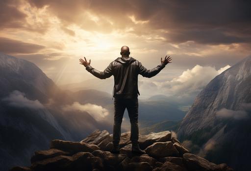bald black man with his hands open standing on top of a mountain, in the style of photo-realistic landscapes, shaped canvas,,ultra-realistic photograph captured with a Sony α7 III camera, equipped with an 85mm lens at F 1.2 ,Cinematic Lighting, Studio Lighting, Soft Lighting, Volumetric, Contre-Jour, dark Lighting, Accent Lighting, Global Illumination, Screen Space Global Illumination, Ray Tracing Global Illumination, Red Rim light, cool color grading 45%, Optics, Scattering, Glowing, Shadows, Rough, Shimmering, Ray Tracing Reflections, Lumen Reflections, Screen Space Reflections,he image, captured in stunning Ultra HD, Nikon D850 Diffraction Grading, cinematic lighting, extreme realismChromatic Aberration, GB Displacement, Scan Lines, Ray Traced, clean plain backround, --ar 125:85