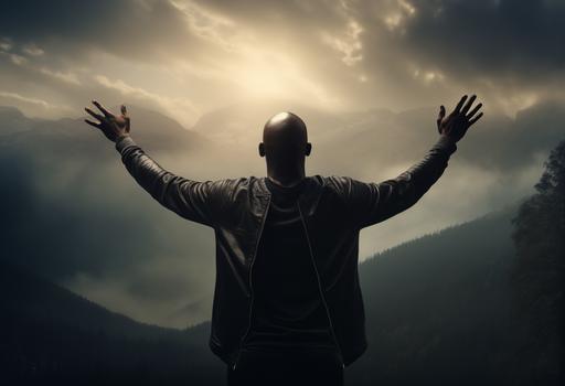bald black man with his hands open standing on top of a mountain, in the style of photo-realistic landscapes, shaped canvas,,ultra-realistic photograph captured with a Sony α7 III camera, equipped with an 85mm lens at F 1.2 ,Cinematic Lighting, Studio Lighting, Soft Lighting, Volumetric, Contre-Jour, dark Lighting, Accent Lighting, Global Illumination, Screen Space Global Illumination, Ray Tracing Global Illumination, Red Rim light, cool color grading 45%, Optics, Scattering, Glowing, Shadows, Rough, Shimmering, Ray Tracing Reflections, Lumen Reflections, Screen Space Reflections,he image, captured in stunning Ultra HD, Nikon D850 Diffraction Grading, cinematic lighting, extreme realismChromatic Aberration, GB Displacement, Scan Lines, Ray Traced, clean plain backround, --ar 125:85