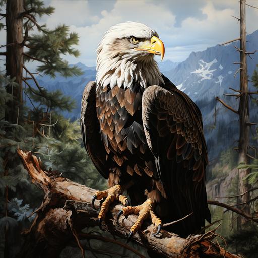 bald eagle sitting on sequoia tree, hyperrealism --v 5.2 --s 750