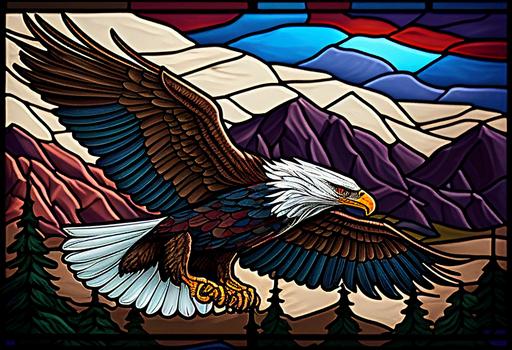 bald eagle soaring over mountains inside an American flag stained glass border, 8k, vibrant --ar 13:9
