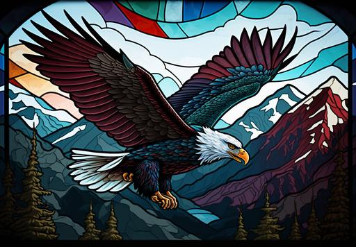 bald eagle soaring over mountains inside an American flag stained glass border, 8k, vibrant --ar 13:9
