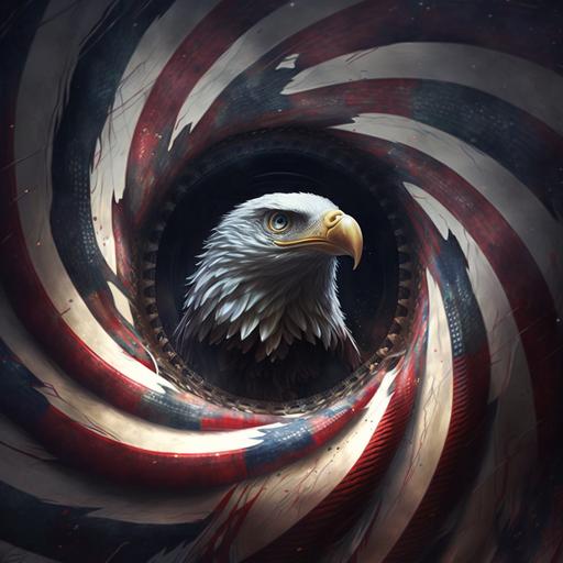 bald eagle with american flag as the body and wings that is a spiraling wormhole