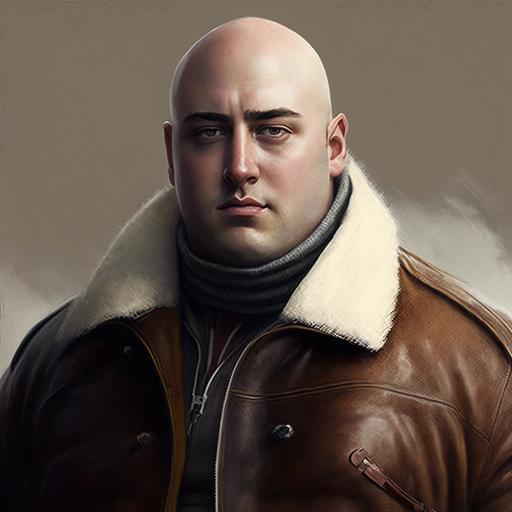 bald fat guy with white roll neck and brown leather jacket