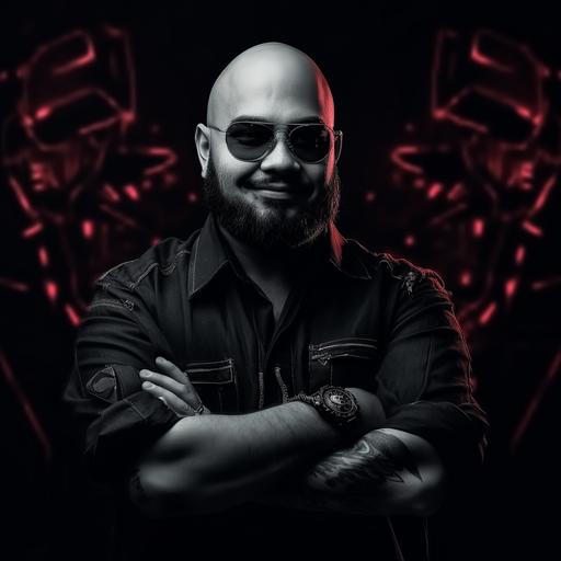 bald tatooed guy with hair dressed with red mohawk, cyberpunk glasses and robotic implants on its head, power pose, Studio RGB Lights
