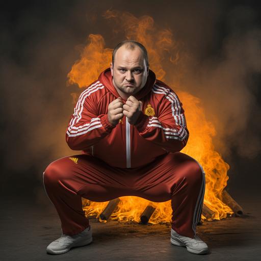balding fat manager with thumb face frowning in an adidas track suit doing the Slavic squat with an RPK with the super Saipan fire around him
