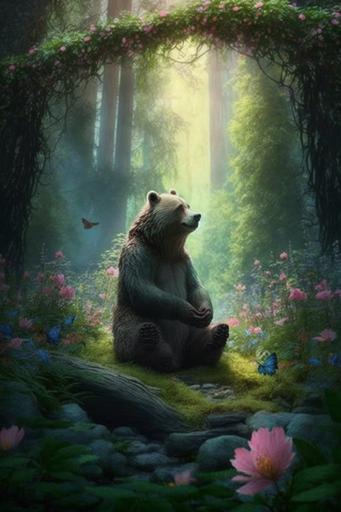 baloo the bear in the luxuriant forest. sitting on the flowery forest bed. romantically smelling one flower. serenity and serendipity --ar 2:3 --c 50 --q 2 --v 4