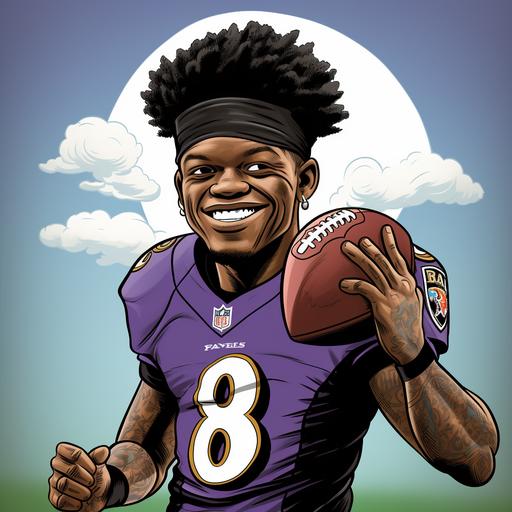 baltimore ravens quarterback lamar jackson, happy with football, cartoon comic