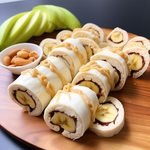 banana covered in peanut butter and wrapped by a tortilla, then cut up into rolls similar to sushi
