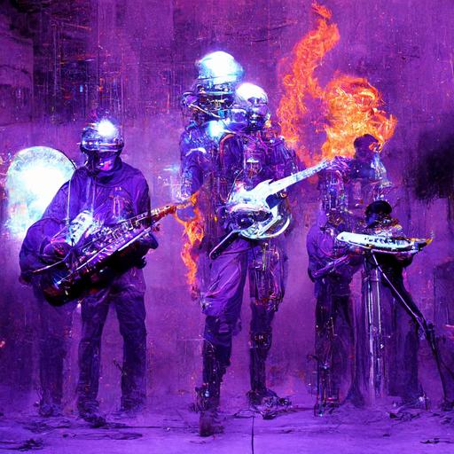 band of four musicians , bassist holding a biomech bass , guitarist holding a biomechanical guitar, drummer and cyborg vocalist infront of mustang on fire, hyper realism in leonardo da vinci style On a road with futuristic buildings made of mechanical components with purple neon lights around them