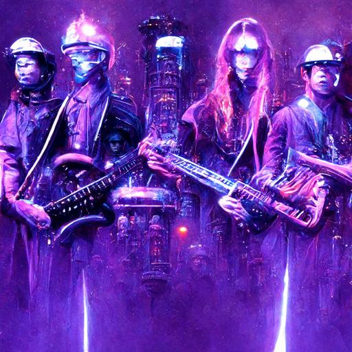 band of four musicians , bassist holding a biomech bass , guitarist holding a biomechanical guitar, drummer and cyborg vocalist infront of mustang on fire, hyper realism in leonardo da vinci style On a road with futuristic buildings made of mechanical components with purple neon lights around them
