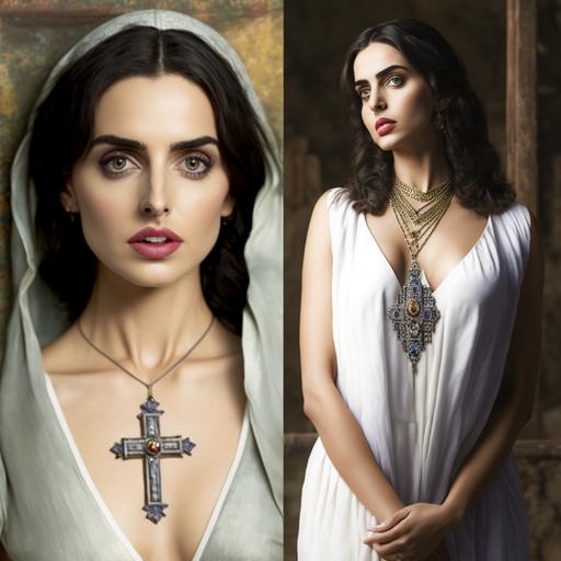 Ana de Armas a beautiful woman in a traditional Mexican dress, catholic cross necklace, revealing an elegant beautiful chest, full body, located in a small Mexican village