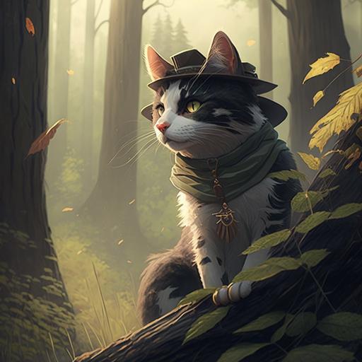 bandit cat, forest, illustration, storybook --seed 3853481421