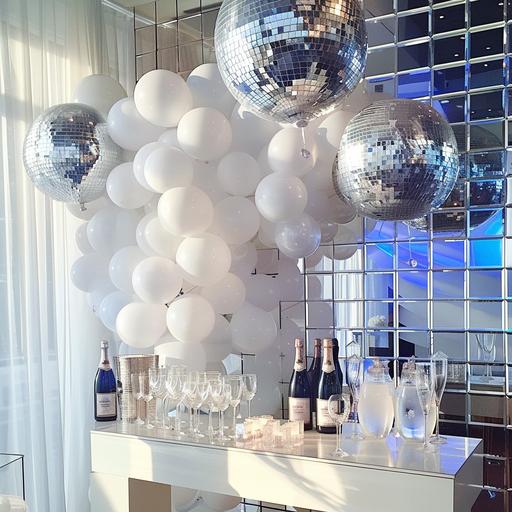 bar party, white balloons, blue and white, silver disco ball, champaign glases, pretty, bright white