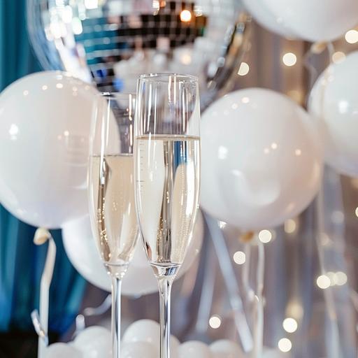 bar party, white balloons, blue and white, silver disco ball, champaign glases, pretty, bright white