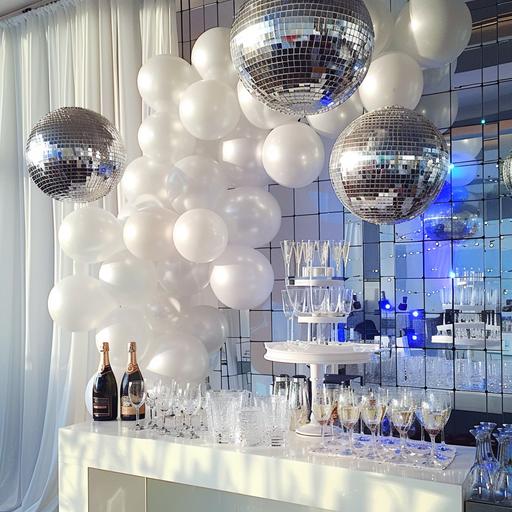 bar party, white balloons, blue and white, silver disco ball, champaign glases, pretty, bright white