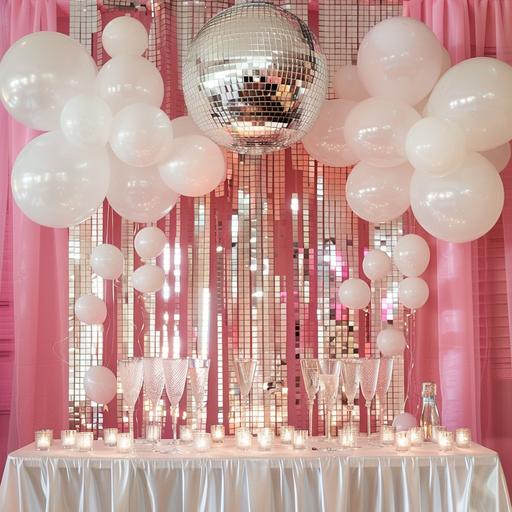 bar party, white balloons, pink, silver disco ball, champaign glases, pretty, bright white