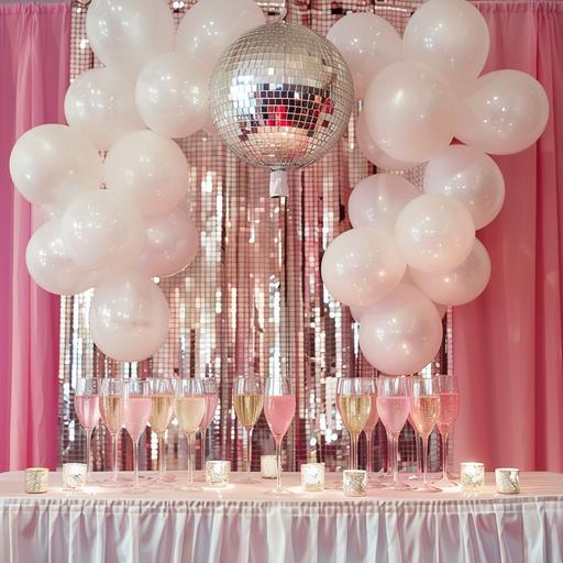 bar party, white balloons, pink, silver disco ball, champaign glases, pretty, bright white