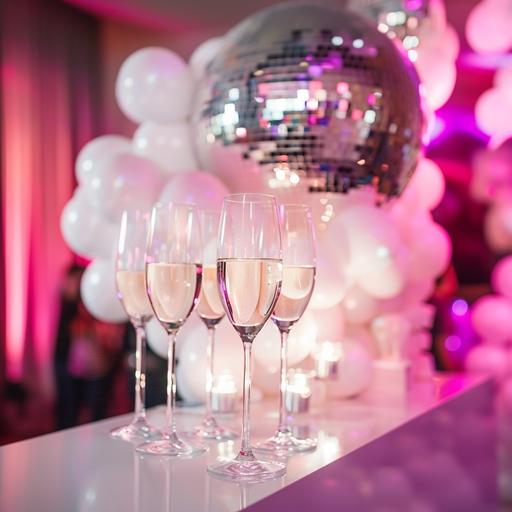 bar party, white balloons, pink, silver disco ball, champaign glases, pretty, bright white