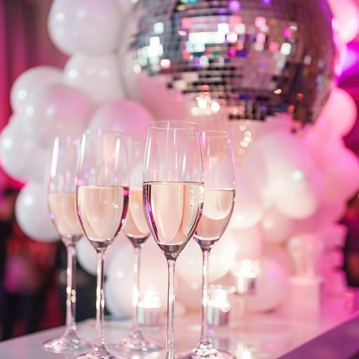 bar party, white balloons, pink, silver disco ball, champaign glases, pretty, bright white