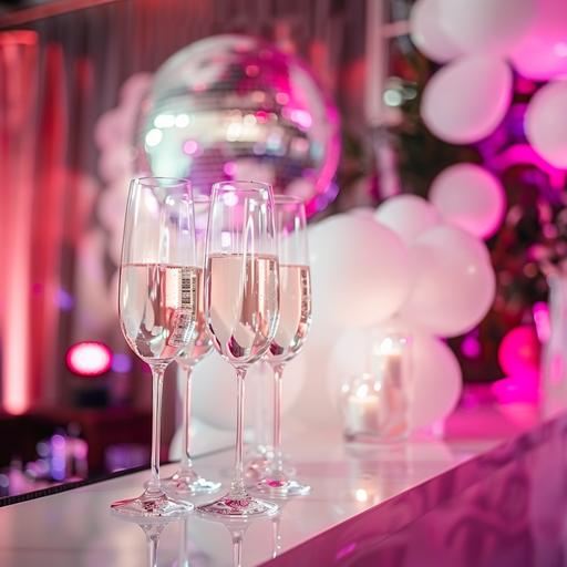 bar party, white balloons, pink, silver disco ball, champaign glases, pretty, bright white