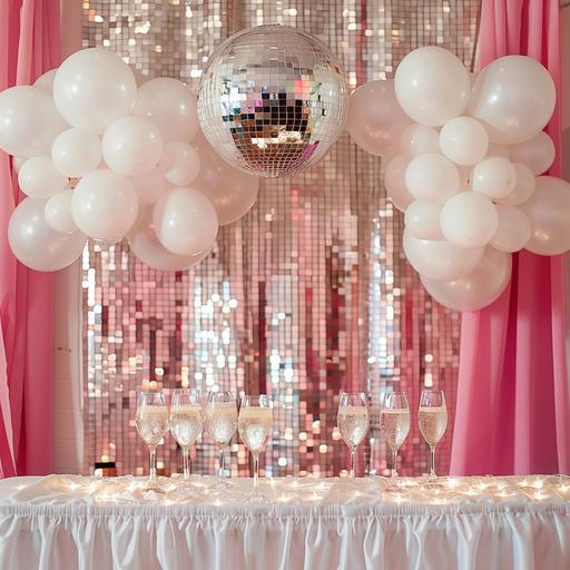 bar party, white balloons, pink, silver disco ball, champaign glases, pretty, bright white