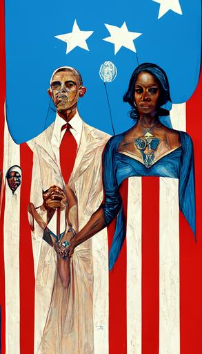 barack and michelle obama   symmetrical   lady liberty   symmetry   american flags   bright white jewelry   the white house   detailed ink illustrations   symbols of democracy   symbols of power   bald eagles   the constitution   tarot card with ornate border frame   dark atmosphere   black and blue tones   by Peter Mohrbacher   golden seal of the president   female   --ar 9:16