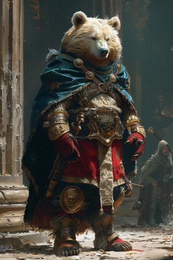 barbarian humanoid-bear standing, anthropomorphic bear, barbarian red-golden gloves, wearing rococo blue cape art deco clothing, fur by Anne Bachelier, Genndy Tartakovsky, Tomokazu Matsuyama --ar 2:3 --stylize 750