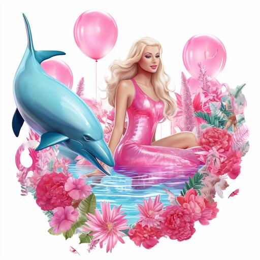 barbie dream house swimming pool, barbie swimming with dolphin, clipart, decorated with balloons, bright pink, aqua, white background, flowers