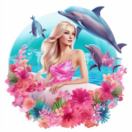 barbie dream house swimming pool, barbie swimming with dolphin, clipart, decorated with balloons, bright pink, aqua, white background, flowers