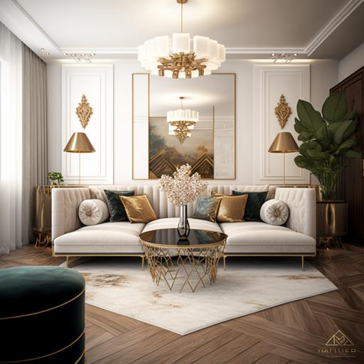 perspectiva sala de estar contemporânea de luxo, ultra realista, sofá sofisticado, painel ripado, filete dourado